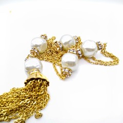 Vintage Multi Strand Tassel Necklace, Gold Tone Chains Double Strand with Baroqu