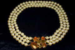 Vintage UNBRANDED Cream Faux Pearl 3 Strand Necklace Clear Glass Stones 20” B1