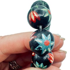 Vintage Chunky Hand Painted Wood Bead Necklace Black Multi-Color Floral BOHO