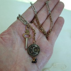 ANTIQUE Gold & Silver Niello Crescent Moon Anchor Pendant Pocket Watch Key