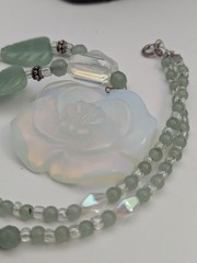 Vtg Sterling Silver Large Opalite Rose Flower Carved Jade Leaf Necklace