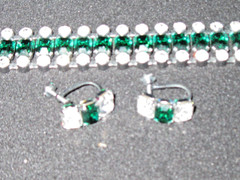 Vintage Faux Emerald Green & Clear Rhinestone Necklace Bracelet Earring Set RARE