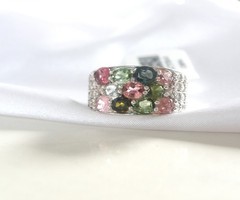 Sterling Silver 925 Multi Row Natural Tourmaline Ring Size 8