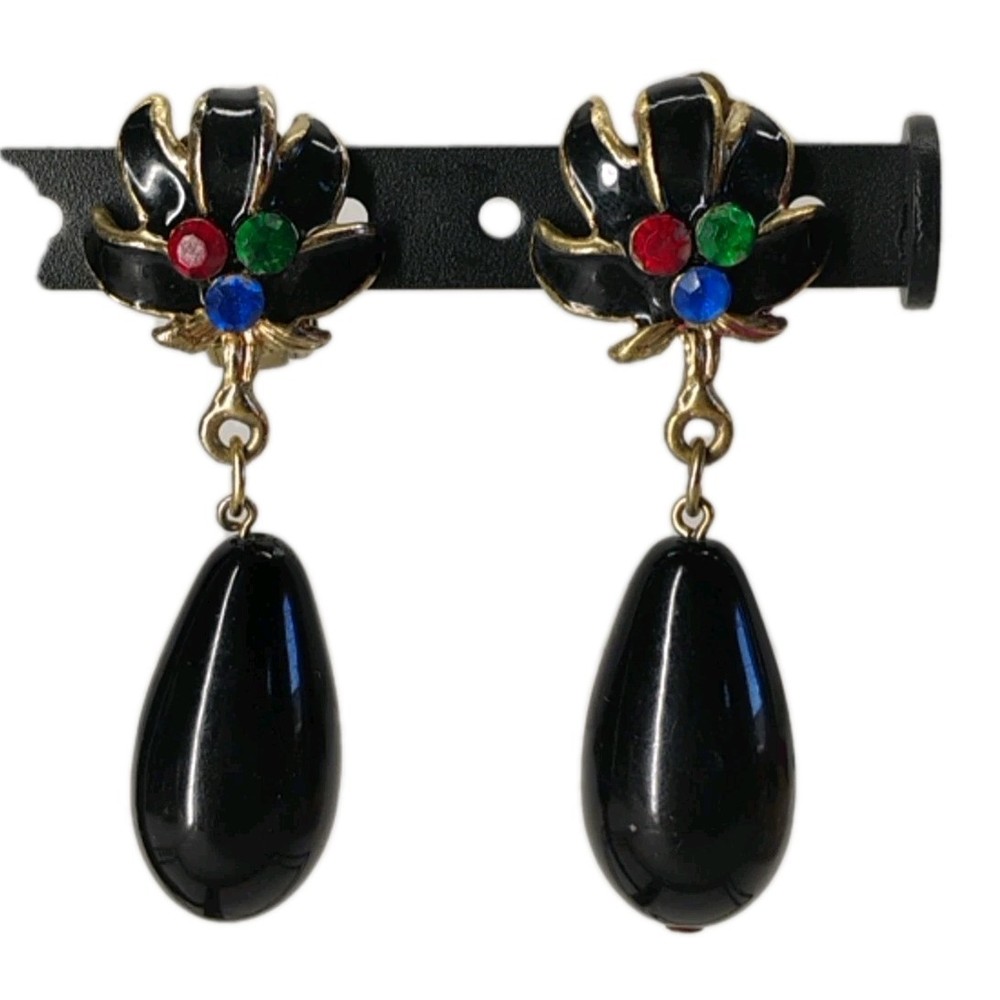 Vintage 80s Womens Clip On Black Enamel Multicolored Gems Tear Drop Earrings