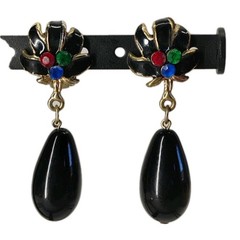 Vintage 80s Womens Clip On Black Enamel Multicolored Gems Tear Drop Earrings