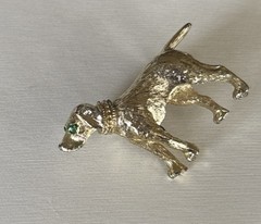 Vintage Signed LEM Green Eyed Dog Brooch Pin Gold Tone