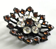 Vintage Brown with Clear Rhinestone Starburst Flower Pewter Pin 1-5/8″
