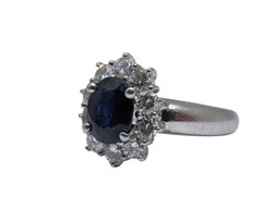 Platinum Oval Sapphire Diamond Halo Vintage Ring