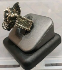 Flower Cocktail Ring Silver Tone Clear/Black Rhinestones Stretch Band