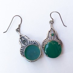 Vintage 925 Sterling Silver Mixed Green Malachite Earrings Drop 4.5 cm