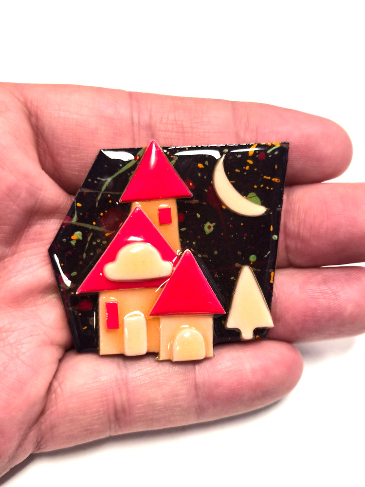 Vintage House Pins by Lucinda Night Time Home Crescent Moon in Sky Pin / Brooch