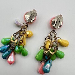 Vintage Earrings Chandelier Dangle Drop Iridescent Beads Clip On Pastels Pink