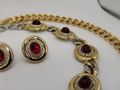 VINTAGE KENNETH LANE RARE 3 PIECE NECKLACE & EARRING SET GOLD RED CABOCHON