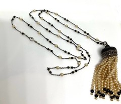 Vintage Art Deco Flapper Faux Pearl Marcacite Tassel 32” Sterling Necklace