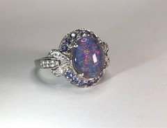 Estate Black AUSTRALIAN RAINBOW FIRE OPAL & Tanzanite Topaz Sterling Silver Ring