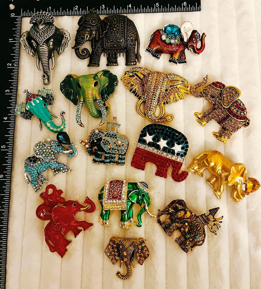 Vintage Style Elephant Jewelry Lot 15 Mixed Designs Enamel & Crystal Brooches