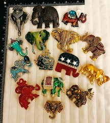 Vintage Style Elephant Jewelry Lot 15 Mixed Designs Enamel & Crystal Brooches