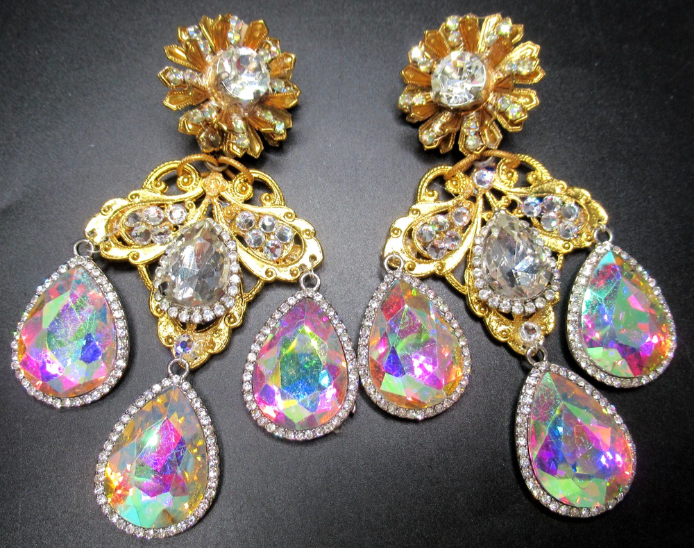 LAWRENCE VRBA Huge Aurora Borealis & Ice Rhinestone Clip Earrings