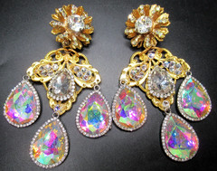 LAWRENCE VRBA Huge Aurora Borealis & Ice Rhinestone Clip Earrings