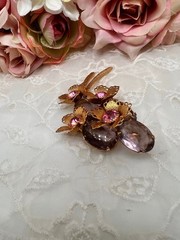 Vintage Pin Lavender Pink Crystals Gold Plated Flower Pin Bouquet of Flowers 3″