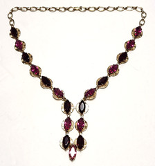 Red Pink Marquise Shape Rhinestone Gold Tone Necklace Negligee Lariat Vtg