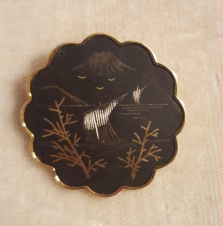 Vintage Signed AMITA Japan Gold Black Silver Damascene Pin Brooch Sailing Ship