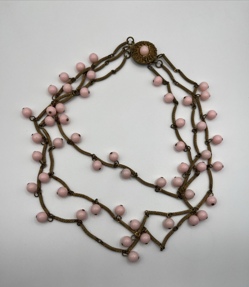 Vintage Multi 3 Strand Pink Beaded Necklace Antique Gold Tone Etched Bar Link