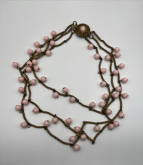 Vintage Multi 3 Strand Pink Beaded Necklace Antique Gold Tone Etched Bar Link