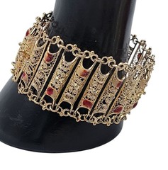 Vintage Italian 800 Silver Gold Plated Filigree Panel Bracelet 7.25″ Red Enamel