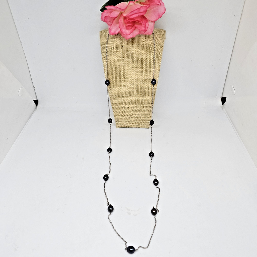 925 Sterling Silver Black Peacock Pearl Beaded Station Chain Necklace 40″ Long