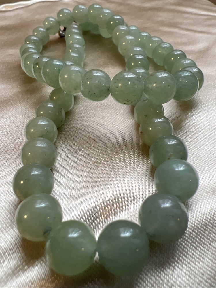 Heavy Green Jadeite Jade 9mm Beads Carved 19″ Necklace