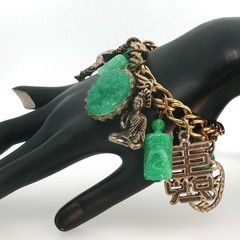 Vintage Gold Tone FOB Bracelet Green Carved Stone Jade‑Style Charms Asian Motif