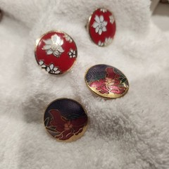 Vintage Cloisonne Enamel Floral clip Earrings Lot Red Purple Gold Tone Flower