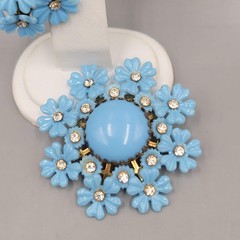 Vintage Blue Flower Brooch and Clip on Earring Set Rhinestone Plastic