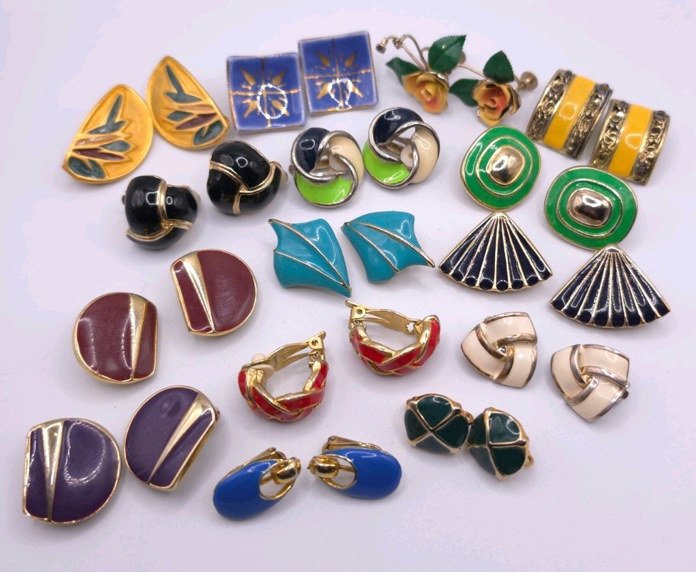 Vtg To Mod Clip On Earring Lot Enamel 15 Pair Colorful