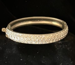 Vintage Pavé Set Clear Rhinestones Silver Tone Hinged Cuff Bracelet Safety Chain