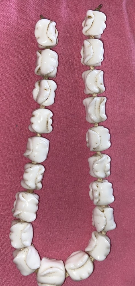 RARE Individually Knotted White Milk Glass Ornate Bead NecklaceFor Repair 12.5in