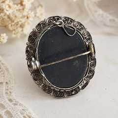Antique Italian Pietra Dura Floral Mosaic Brooch 800 Silver Filigree Frame