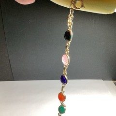 Vintage Scarab Bracelet Carved Glass Stones Gold Tone Size 7” W/safety Chain