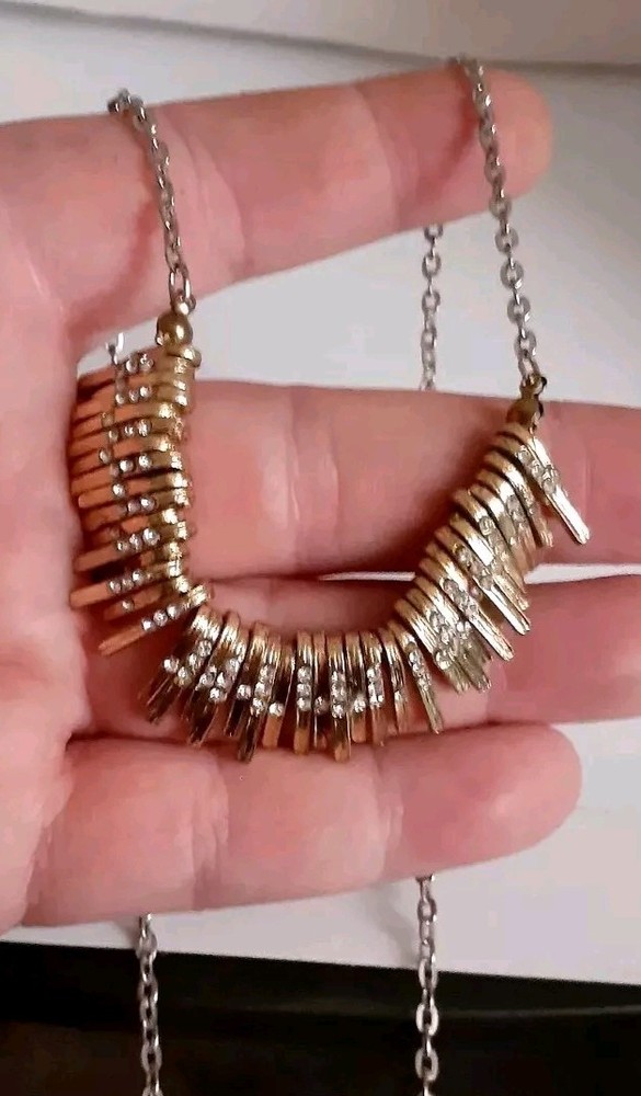 Vintage Rhinestone accent Gold Tone fringe Bib Necklace Silvertone Chain 26 in”