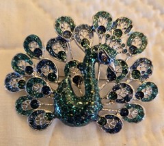 PEACOCK Brooch silver-tone & enamel 2 1/4″ x 1 1/2″ Bird Costume Glitter Jewelry