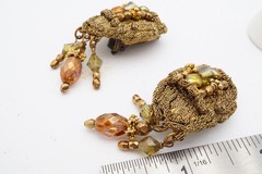 Vintage Clip On Earrings Gold Tone Glass Bead Mesh
