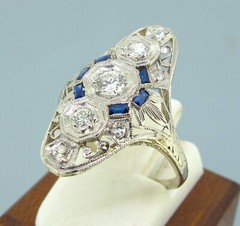 .50 ctw Diamonds European Cut 18k White Gold France Cut Natural Sapphires Ring