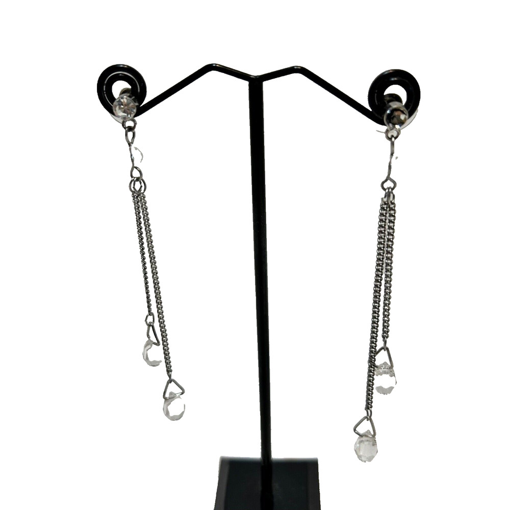 Vintage Womens Dangle Drop Beaded Chain Rhinstone Earrings 3″ Long