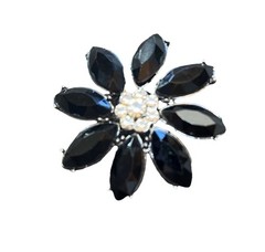 Vintage Jet Black & Clear Rhinestone Flower Stunning Brooch Pin Mourning Gothic