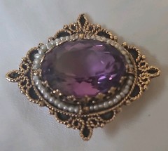Vintage 14kt Gold Filigree Amethyst & Seed Pearl Brooch/Pendant