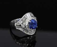 Vintage 3.0ct GIA Ceylon Blue Sapphire & 1.10ct Diamond Platinum Ring, Size 6