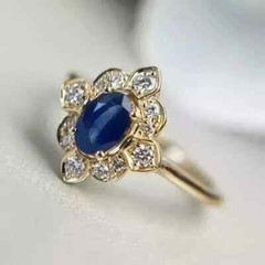 Art Deco Vintage Style Sapphire & Lab Created Diamond Wedding 14k Yellow Gold FN