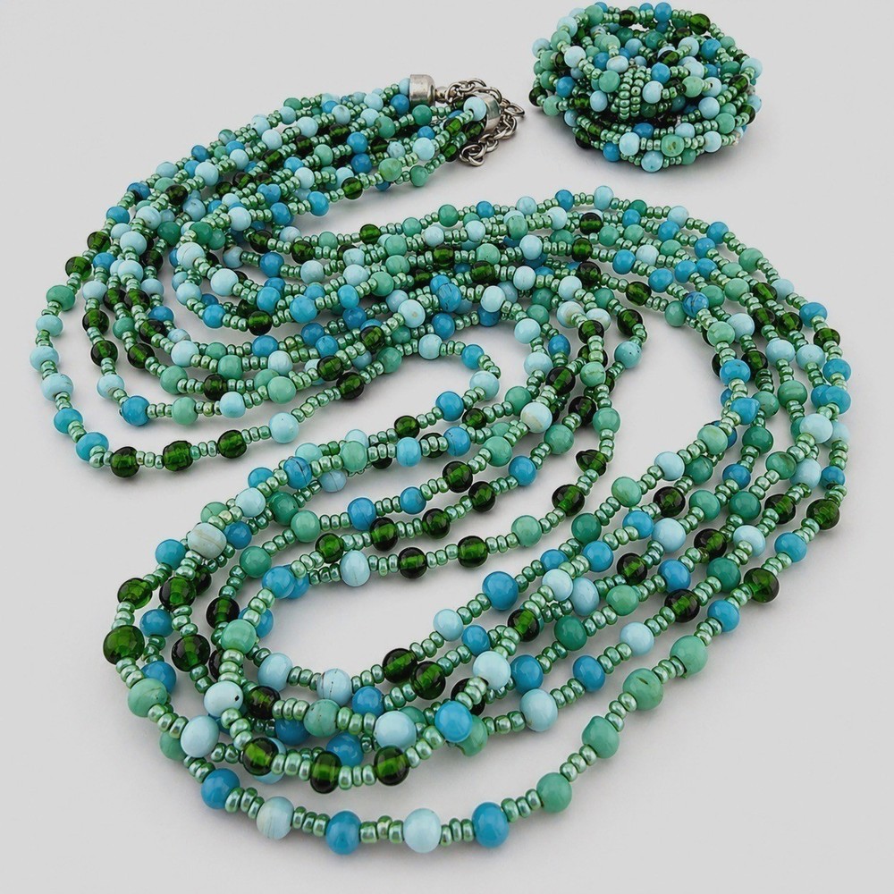 Vintage Multi 6 Strand Green Blue Glass Beads Necklace Bracelet Set Coastal Boho