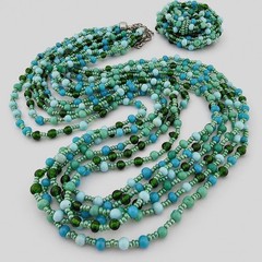 Vintage Multi 6 Strand Green Blue Glass Beads Necklace Bracelet Set Coastal Boho